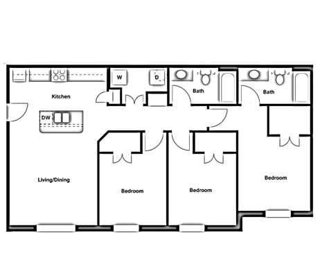 Floor plan for 3 beds, 2 baths, 1130 sqft